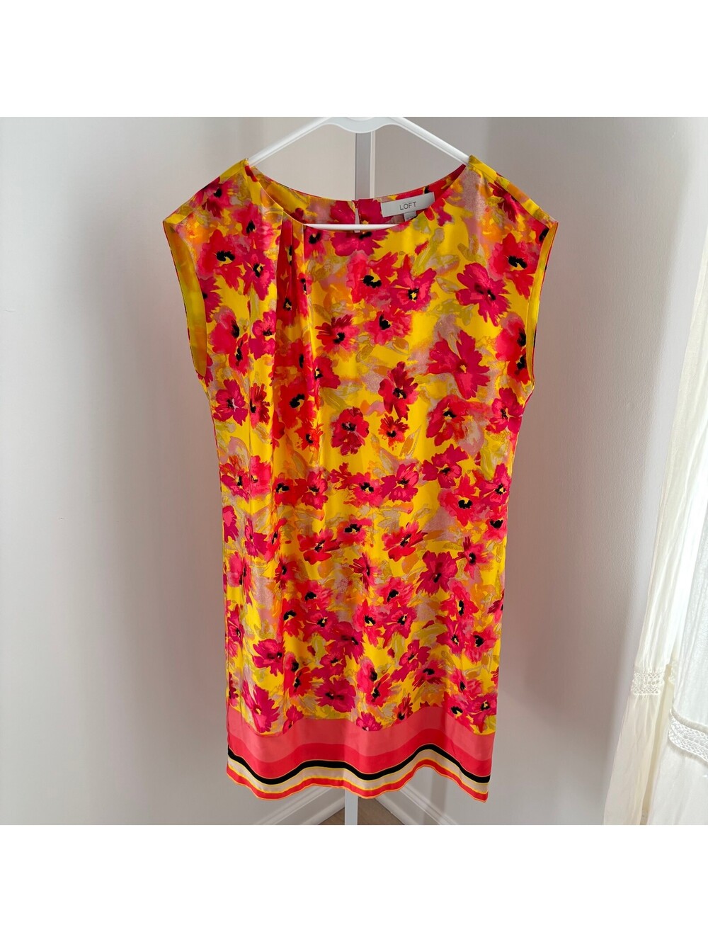 Loft EUC Women's Sleeveless Yellow Pink Floral Shift Dress Colorblock Hem 10